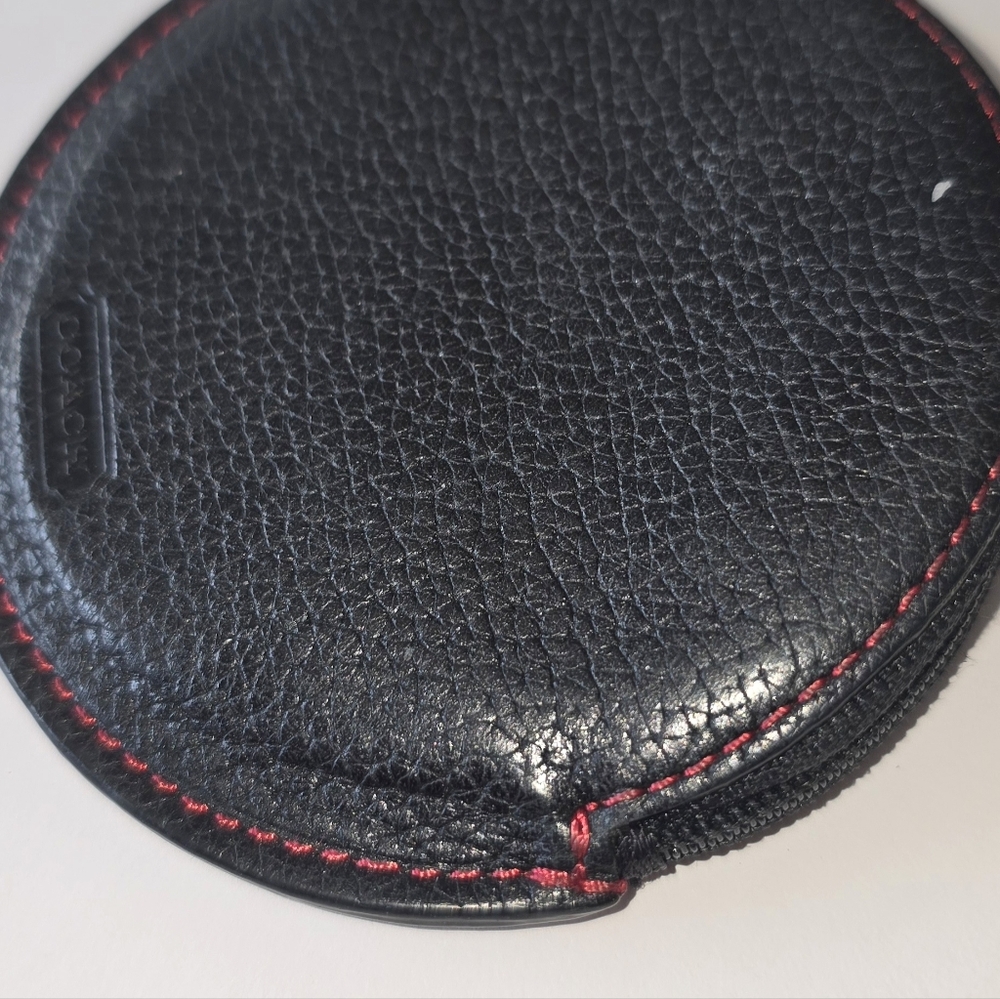 Coach Black Pebbled Leather Round Zip Coin Pouch with Red Stitching - Picture 6 of 7